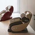 Modern Massage Chairs In Red And Beige Leather With Bright Lighting And Plant