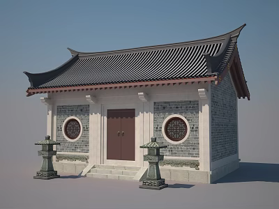 Ancient Chinese Architecture Featuring Tiled Roof Circular Windows Wooden Door And Stone Lanterns 3d model