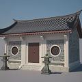 Ancient Chinese Architecture Featuring Tiled Roof Circular Windows Wooden Door And Stone Lanterns