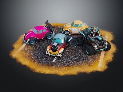 Colorful Cartoon Style Cars With Various Designs Parked On Gravel Parking Lot Surface 3d model