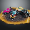 Colorful Cartoon Style Cars With Various Designs Parked On Gravel Parking Lot Surface