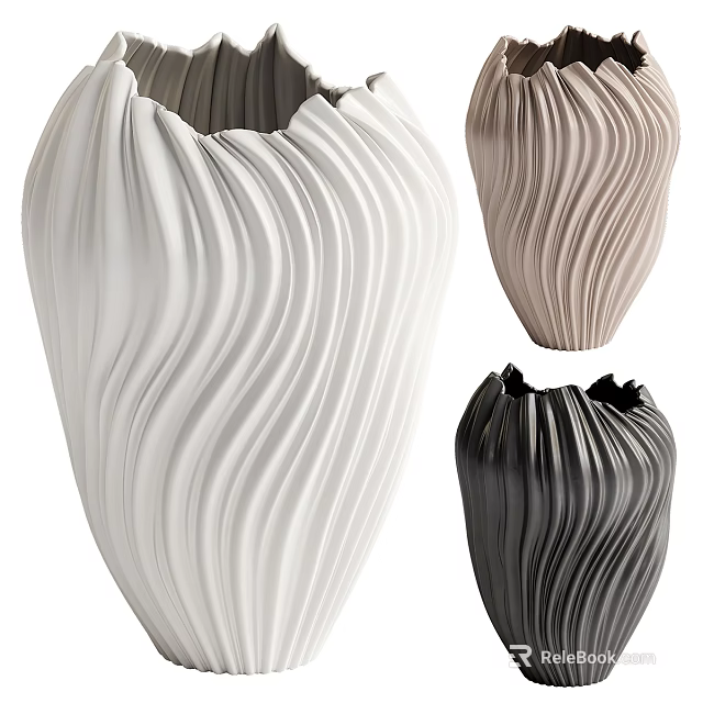 Modern Ceramic Vases Featuring Wavy Texture in White Beige and Black Tones 3d model 