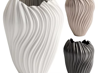Modern Ceramic Vases Featuring Wavy Texture in White Beige and Black Tones 3d model
