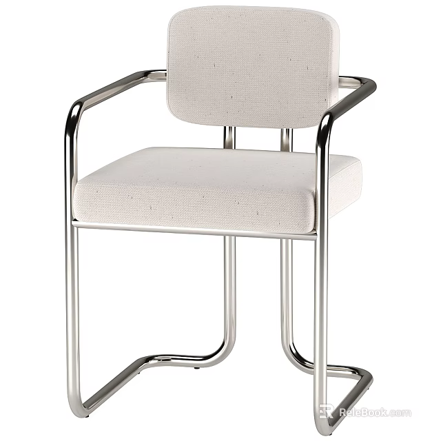 Stylish Modern Dining Chair With White Fabric Upholstery And Silver Metal Frame Armrests 3d model 