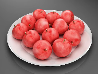Fresh Juicy Red Peaches Neatly Placed On White Ceramic Plate 3d model