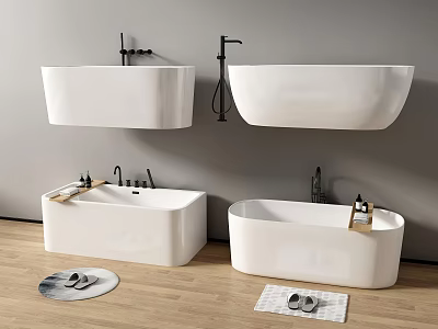 White Bathtubs of Different Styles Wall Mounted and Freestanding on Wooden Floor with Gray Wall 3d model