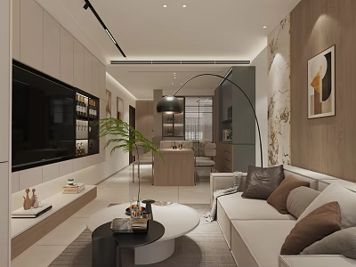 Modern Living Dining Room Interior With Sofa Coffee Table TV Wall Plant And Decorative Painting 3d model
