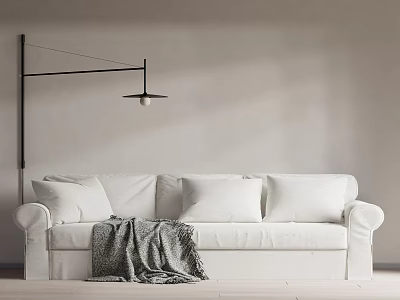 White Sectional Sofa With Throw Pillows And Gray Blanket Against Light Wall 3d model