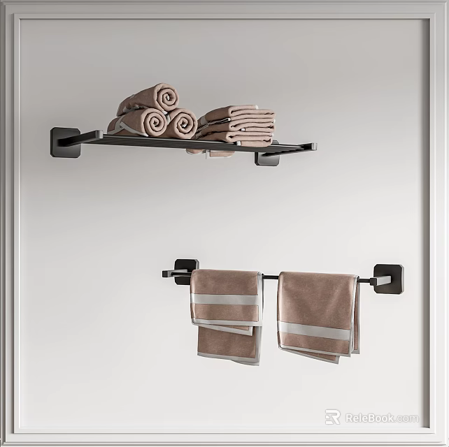 Black Wall Mounted Bathroom Shelf with Rolled Folded and Hanging Striped Towels 3d model 