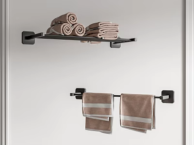 Black Wall Mounted Bathroom Shelf with Rolled Folded and Hanging Striped Towels 3d model