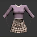 Purple Fitted Long Sleeve Round Neck Top With Plaid Pattern Skirt And Buttons
