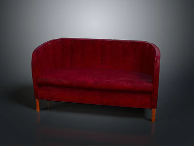 Stylish Red Upholstered Sofa With Curved Back And Wooden Legs Design 3d model
