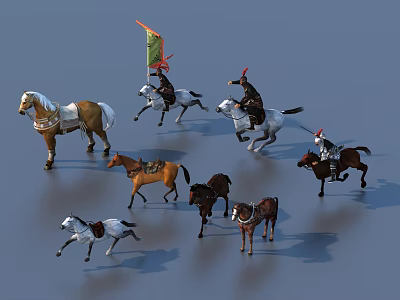Group Of Horses With Riders Holding Flag In Different Colors And Poses 3d model