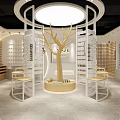 Specialty Store Interior Design with Circular Structure Tree Shaped Decoration and White Shelves 3d model