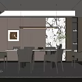Modern Elegant Restaurant Interior With Dining Table Chairs Pendant Lights Artwork Greenery And Bookshelf