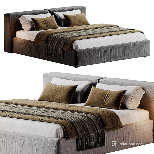 Double Beds With Modern Headboards Brown And White Striped Bedding And Soft Pillows 3d model 