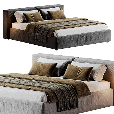 Double Beds With Modern Headboards Brown And White Striped Bedding And Soft Pillows 3d model