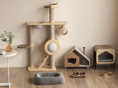 Wooden Multi Level Cat Tree Design With Scratching Posts Cat Houses And Bowl 3d model