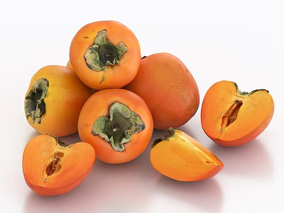 Fresh Ripe Persimmons Display Whole And Sliced With Juicy Orange Flesh On White Background 3d model