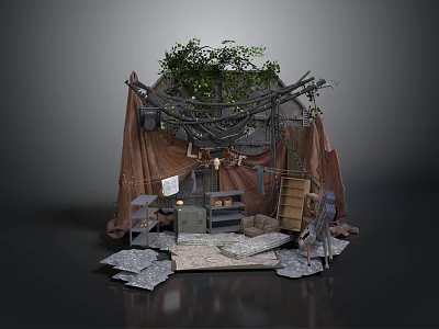 Rustic Outdoor Campsite Structure With Canvas Tent Vines Wooden Crates And Stones 3d model