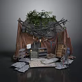 Rustic Outdoor Campsite Structure With Canvas Tent Vines Wooden Crates And Stones