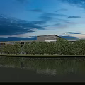 Modern School Building at Twilight with Spacious Square Green Plants and Road