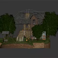 Charming Cartoon Scene With Stone House Well Wooden Boat Stone Bridge And Little Chicks