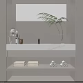 Modern Bathroom Vanity Cabinet with Backlit Mirror Sink Counter Shelves Towels Toilet Paper and Fern Plant