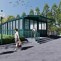 Modern Green Station Building with Glass Walls Surrounded by Trees Pedestrians Lamp Posts and Birds
