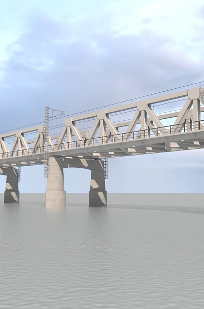 Steel Structure Railway Bridge Across Water With Multiple Piers And Cloudy Sky Background 3d model