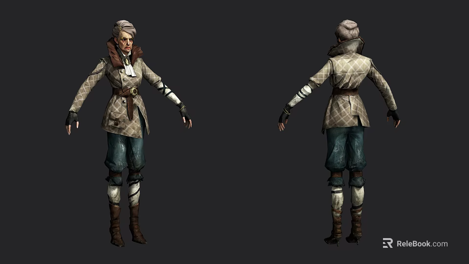 Game Movie Character Outfit With Plaid Jacket Headscarf Blue Pants And Brown Boots 3d model 