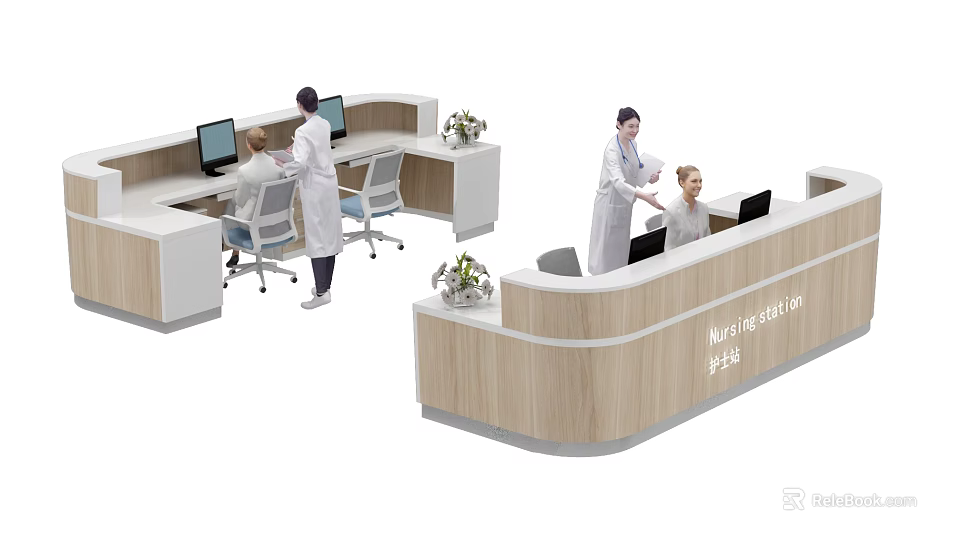 Hospital Outpatient Clinic Nurse Station With Medical Staff Patients Computers And Reception Desk 3d model 