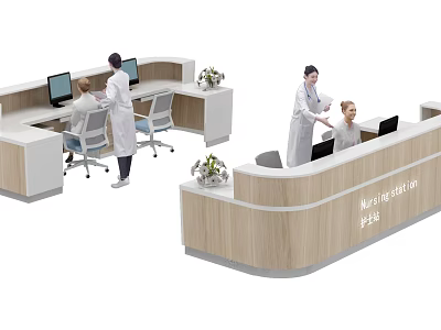 Hospital Outpatient Clinic Nurse Station With Medical Staff Patients Computers And Reception Desk 3d model
