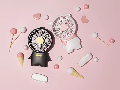 Cute Cooling Fans on Pink Background with Hearts Lollipops and Ice Cream Decorations 3d model