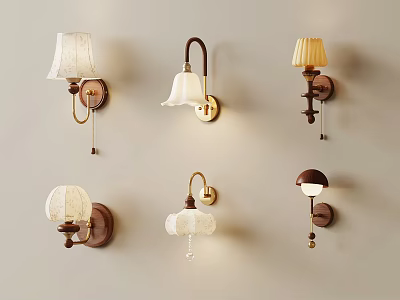 Various Stylish Wall Lamps With White Beige Brown Shades Mounted On Beige Wall 3d model