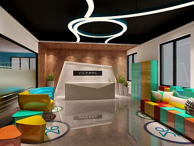 Modern School Reception Area With Colorful Sofas Desk Wooden Backdrop Circular Lights And Windows 3d model