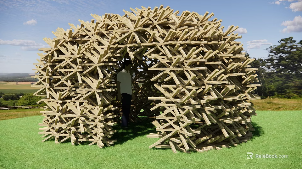 Intersecting Wooden Construction Elements Forming Dome Shaped Outdoor Structure On Grassy Area 3d model 