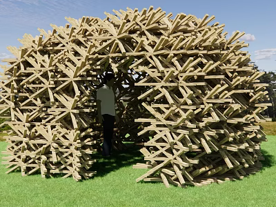 Intersecting Wooden Construction Elements Forming Dome Shaped Outdoor Structure On Grassy Area 3d model