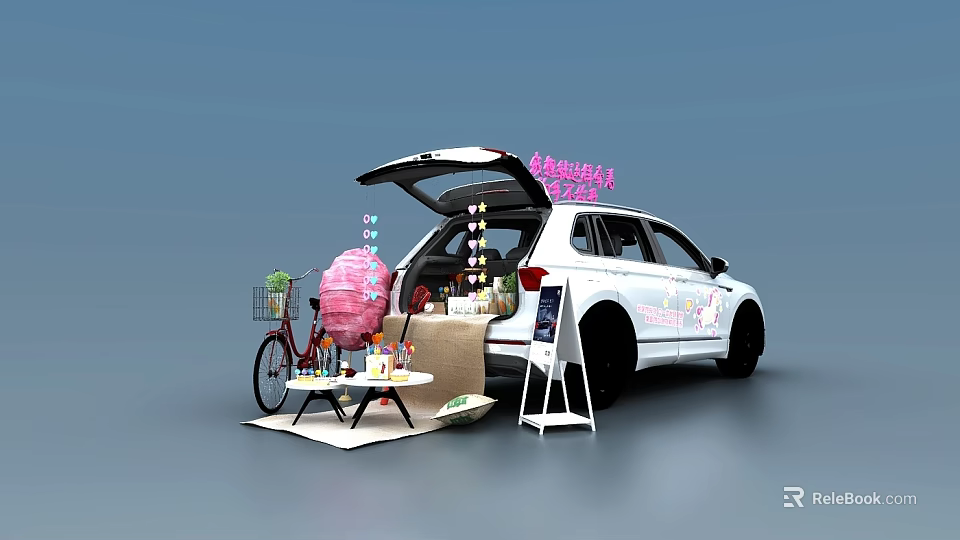 Commercial Equipment For Mobile Vending With White Car Open Trunk And Displayed Products 3d model 