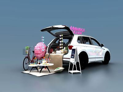 Commercial Equipment For Mobile Vending With White Car Open Trunk And Displayed Products 3d model