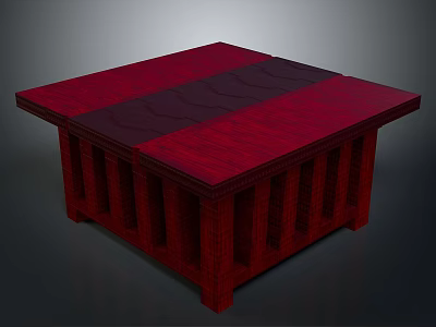 Red Square Wooden Table With Decorative Dark Stripe And Hollow Side Structure 3d model