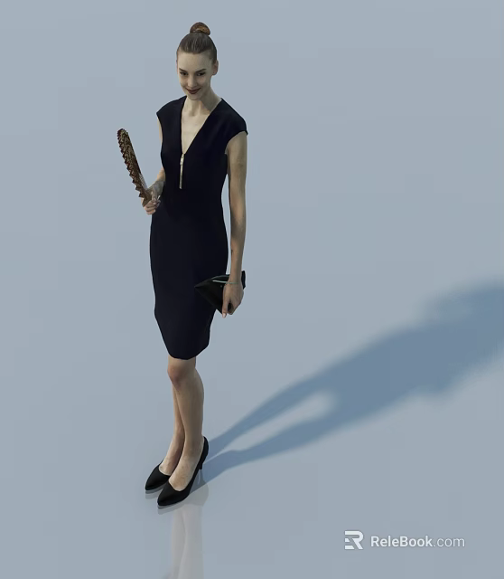 Woman in black dress holding comb and clutch bag standing against light background with shadow 3d model 