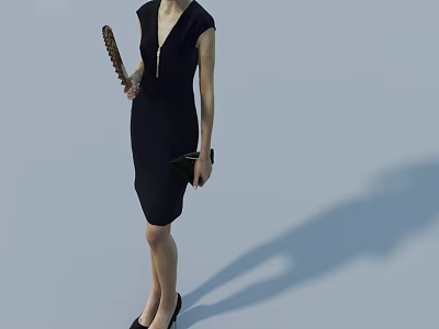 Woman in black dress holding comb and clutch bag standing against light background with shadow 3d model