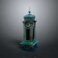 Green Vintage Clock Tower With Ornate Design Spire And Decorative Base