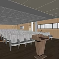 Office Conference Room Interior With Arranged White Seats Wooden Podium Wooden Walls and Ceiling Lights
