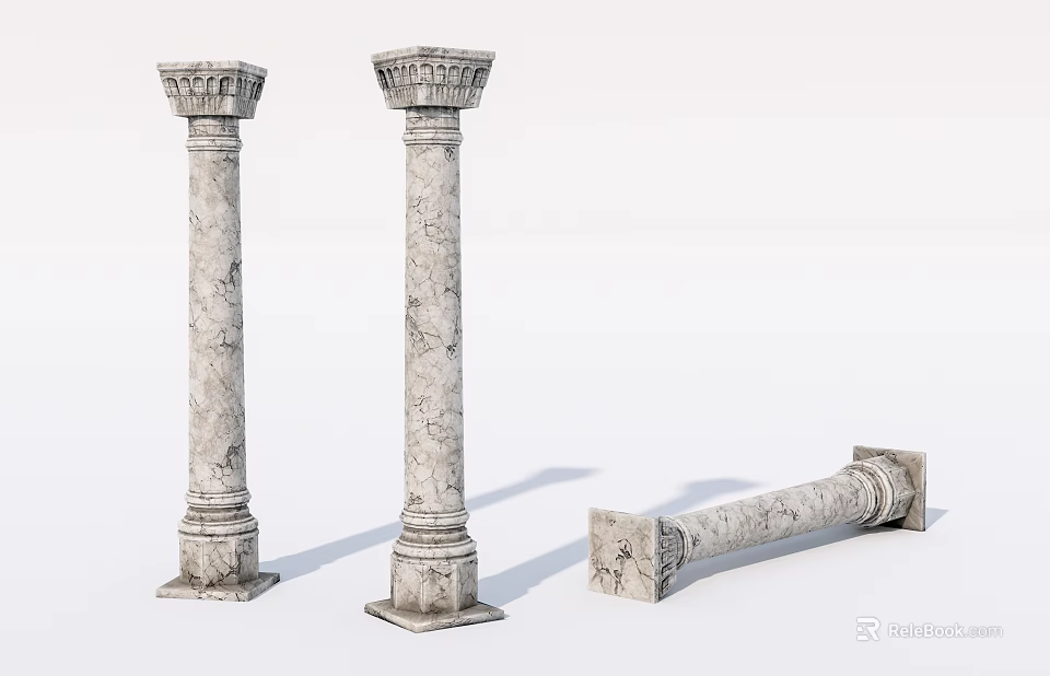 Three Classic Stone Roman Columns With Carved Capitals Standing And Lying 3d model 