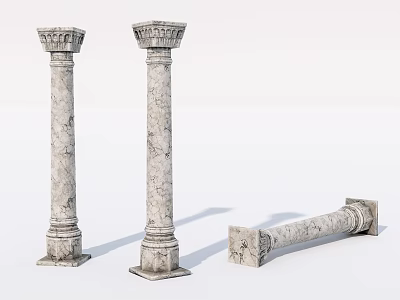 Three Classic Stone Roman Columns With Carved Capitals Standing And Lying 3d model