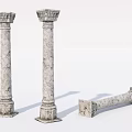 Three Classic Stone Roman Columns With Carved Capitals Standing And Lying 3d model