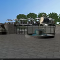 Young Entrepreneurs Cafe Modern Building With Coffee Cup Sculpture Fountain White Umbrellas And Trees