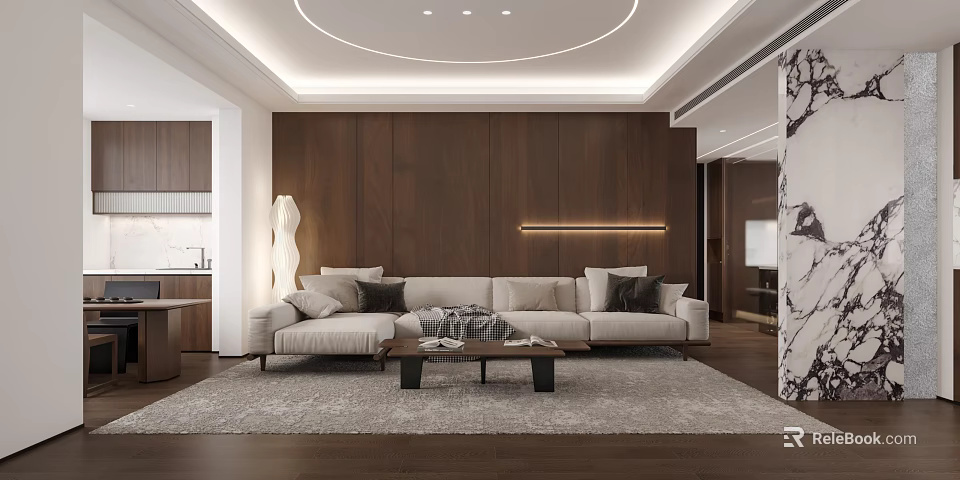 Modern Living Dining Room Interior with Wooden Wall Beige Sofa Coffee Table Circular Ceiling Light 3d model 